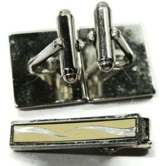 Anson Cufflinks Neck Tie Clip Set Two Tone Brushed Tux Shirt Dress Suit Vintage - Picture 7 of 8
